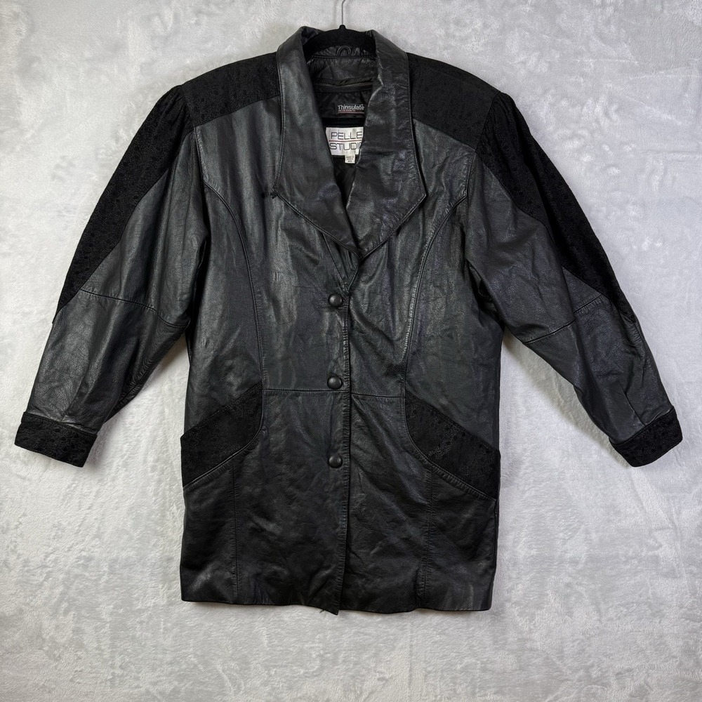 Vintage Pelle Studio Leather Jacket Coat Women XS Black Thinsulate Shoulder Pads